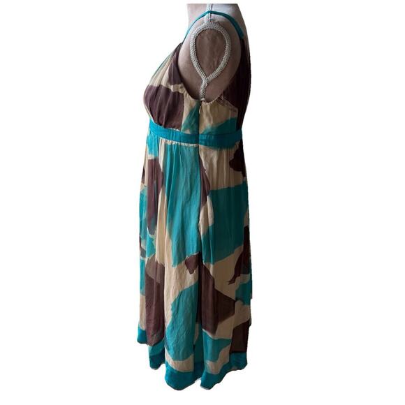 Vintage Sue Wong Y2K 100% Silk Teal Brown Floral Knee Length Midi Dress Size 12 - Picture 2 of 7